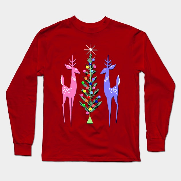 Vintage Reindeer Christmas Tree Long Sleeve T-Shirt by FlippinTurtles